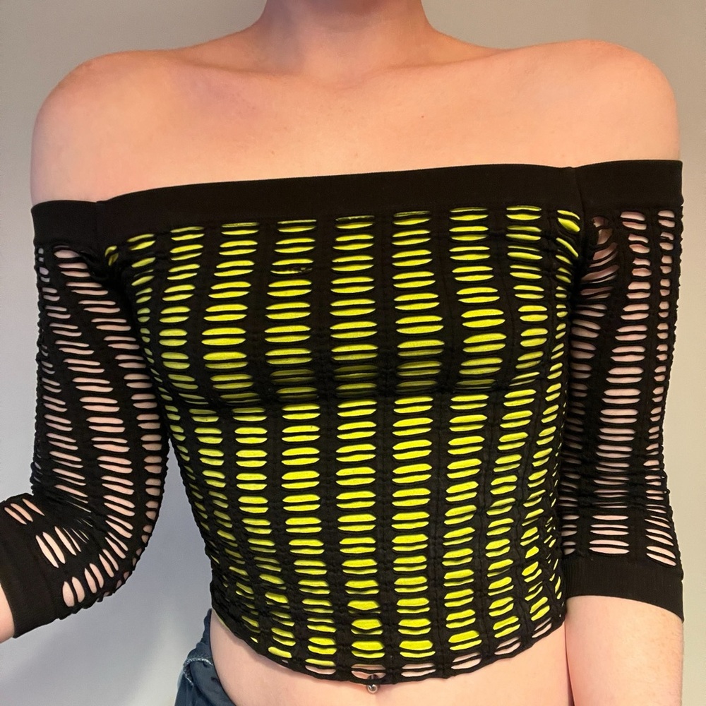 Stylish Off-Shoulder Black and Green Bebe Top